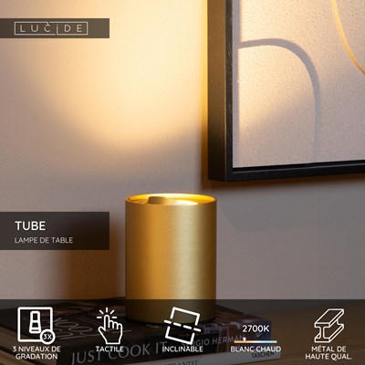 Lucide TUBE - Lampe de table - Ø 9,6 cm - LED 3 StepDim - GU10 - 1x5W 2700K - Or Mat / Laiton